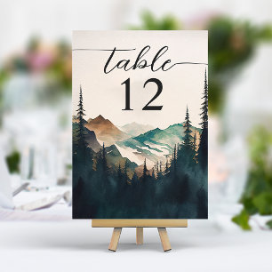 Numéro De Table Mariage Montagnes Forêt de Pins Aquarelle