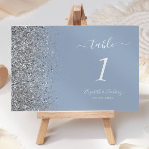 Numéro De Table Mariage Paillettes Argentées Bleu Poussiéreux Mode