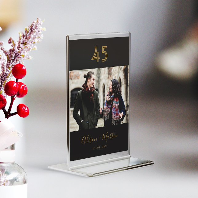 Numéro De Table Mariage photo à la main noir et or chic (Personalized Chic Black & Gold Hand Lettered Photo Wedding Table Number)