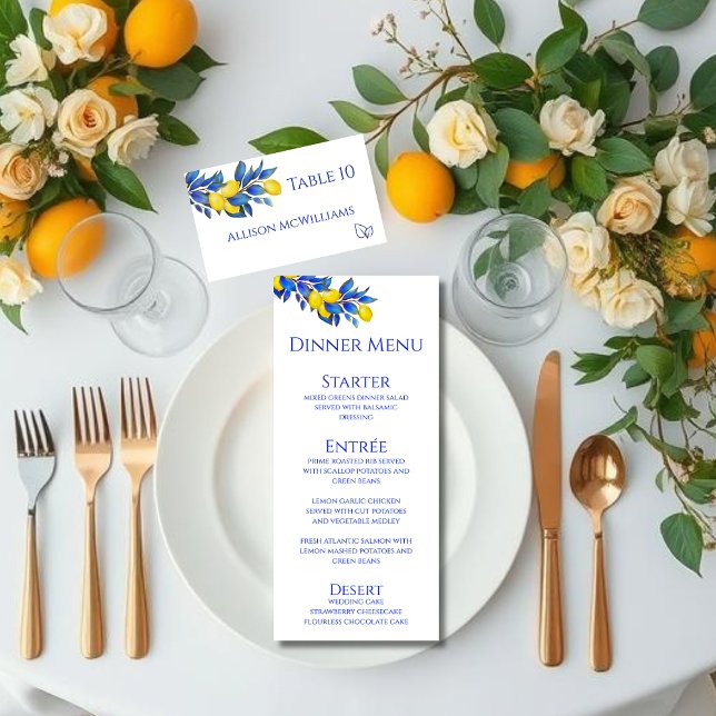 Numéro De Table Mariage Place carte-méditerranéen-végétarien (Lemons-Wedding Place card-Mediterranean with meal icons)