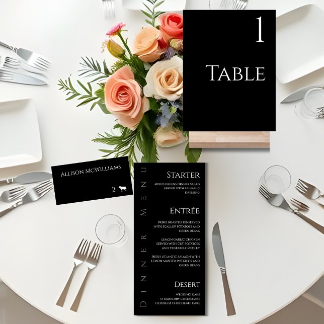Numéro De Table Mariage Place cartes-Viande Icône-Noir et Blanc (Minimalist Modern Black and White Wedding-Place cards-Table sign, Dinner Menu)