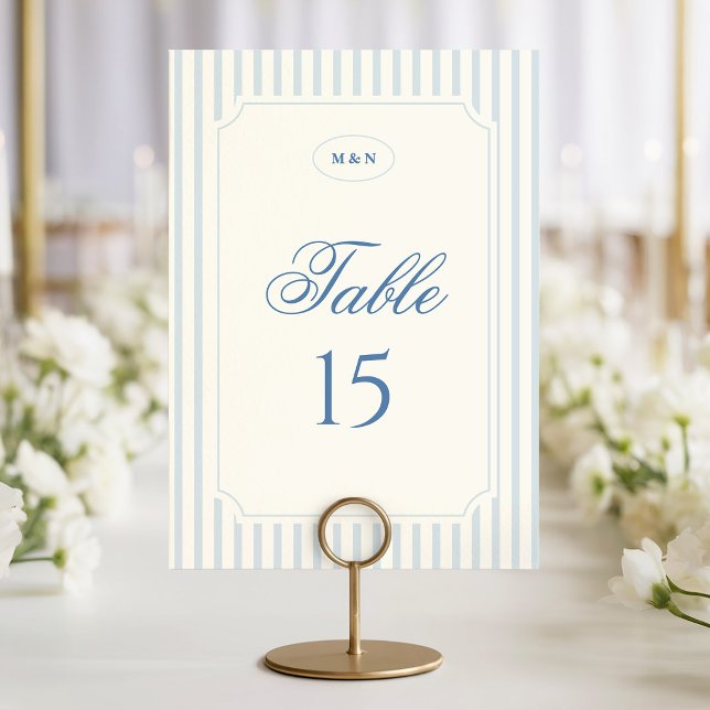 Numéro De Table Mariage Rayures Bleu Clair Classique (classic light blue stripes wedding table number card)