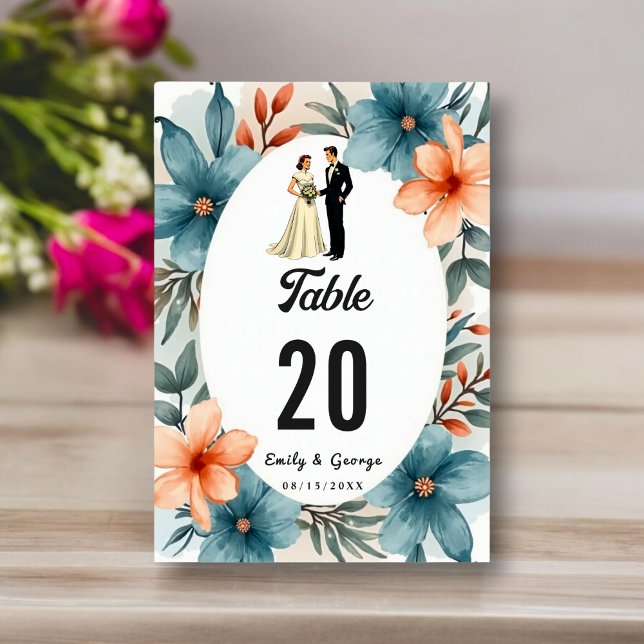 Numéro De Table Mariage romantique à l'aquarelle florale de la mar (Créateur téléchargé)