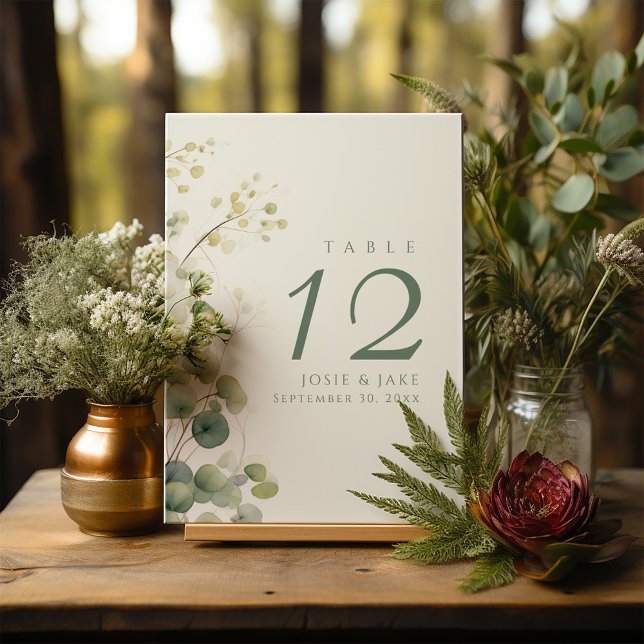Numéro de table mariage Romantique Floral Eucalypt (Romantic Floral Eucalyptus Leaves wedding table number sign Card in elegant green.)