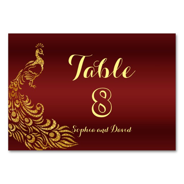 Numéro De Table Mariage Royal Burgundy Gold Peacock NUMÉRO DE TABL (Devant)