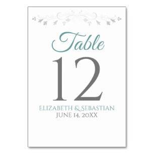 Numéro De Table Mariage simple élégant sarcelle ou turquoise et gr