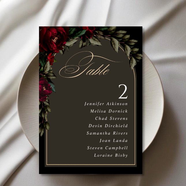 Numéro De Table Mariage sobre gothique rouge vert rouge floral (Créateur téléchargé)