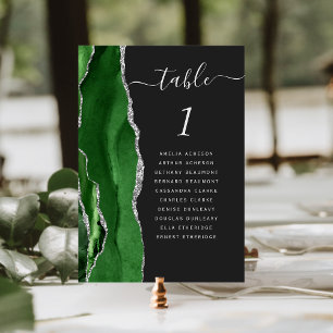 Numéro De Table Mariage sombre vert chasseur agate argenté