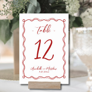 Numéro De Table Mariage Whimsical Rouge Quirky tiré à la main