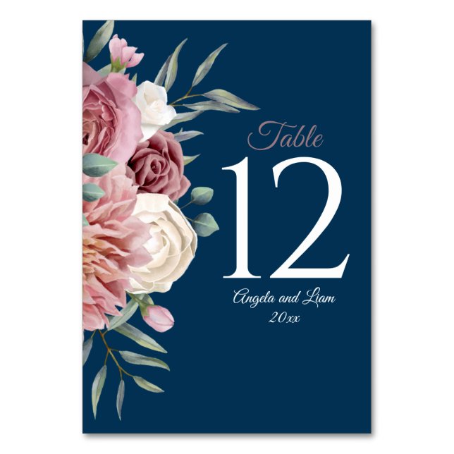 Numéro De Table Marine et rose avec des fleurs d'aquarelle Numéro  (Par défaut)
