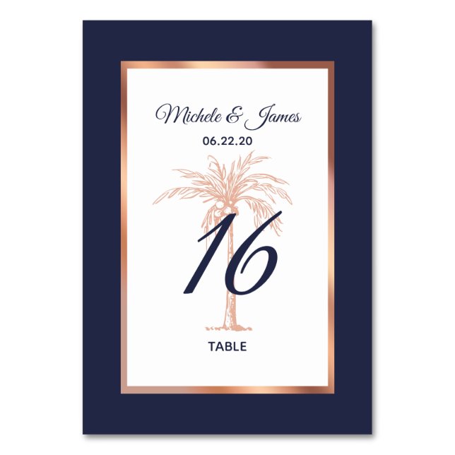 Numéro De Table Marine Rose or cuivre Palm Tree moderne Mariage (Par défaut)