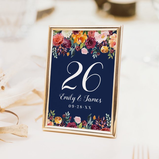 Numéro De Table Marine Rustique Bourgogne Automne Floral Mariage M (Créateur téléchargé)