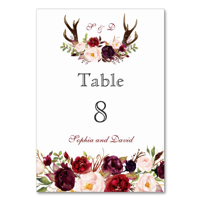 Numéro De Table Marsala Bourgogne Floral Antlers Numéro de tableau (Par défaut)