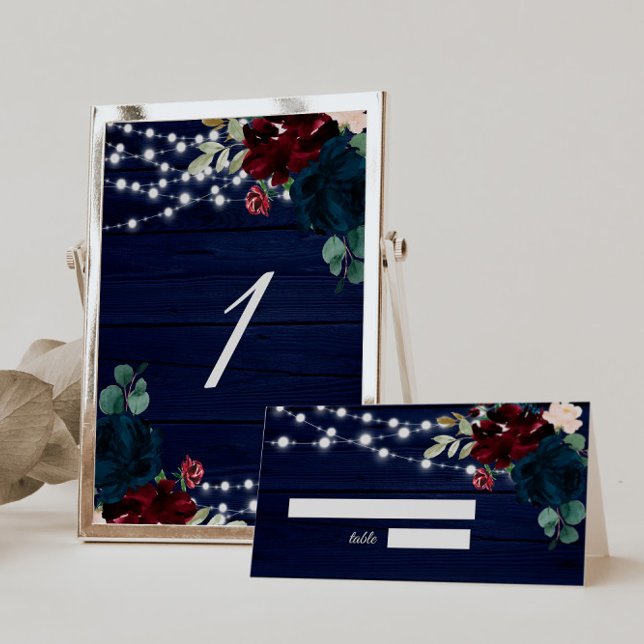 Numéro De Table Marsala en bois rustique & Fleurs bleues de marine (Créateur téléchargé)