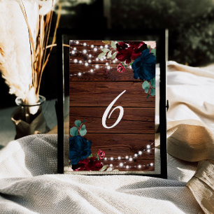 Numéro De Table Marsala & Navy Flowers Rustic Wood 6 Table Numbers