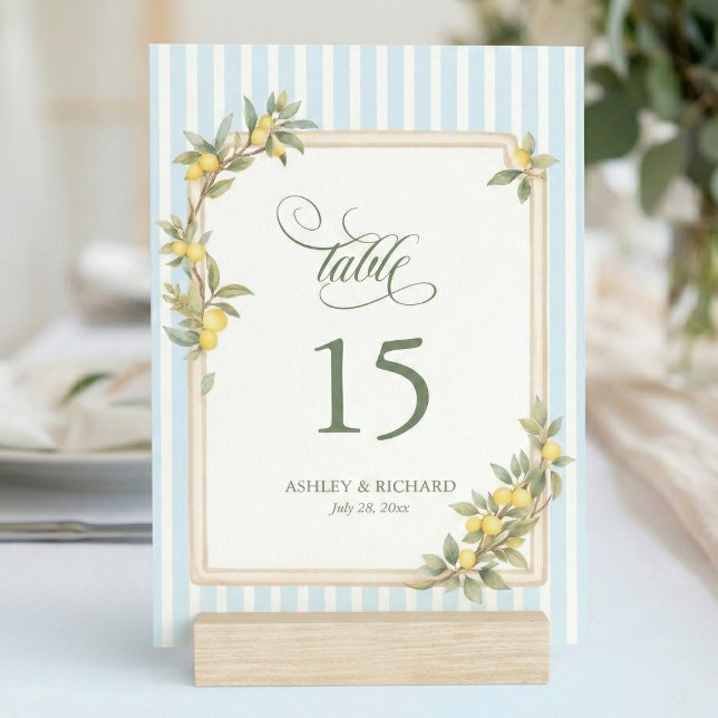 Numéro De Table Mediterranean Lemon Coastal Stripe Wedding (elegant personalized mediterranean lemon coastal blue stripe table number with script calligraphy)