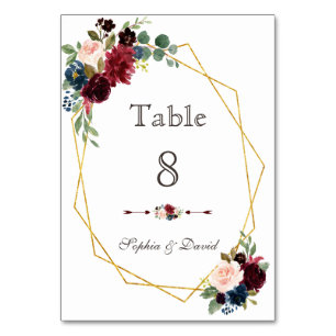 Numéro De Table Merlot Marine bleu Floral Gold Frame Numéro de tab