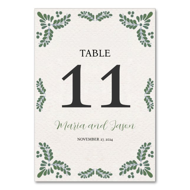 Numéro De Table Mexican Talavera Green Floral Minimalist Wedding (Par défaut)
