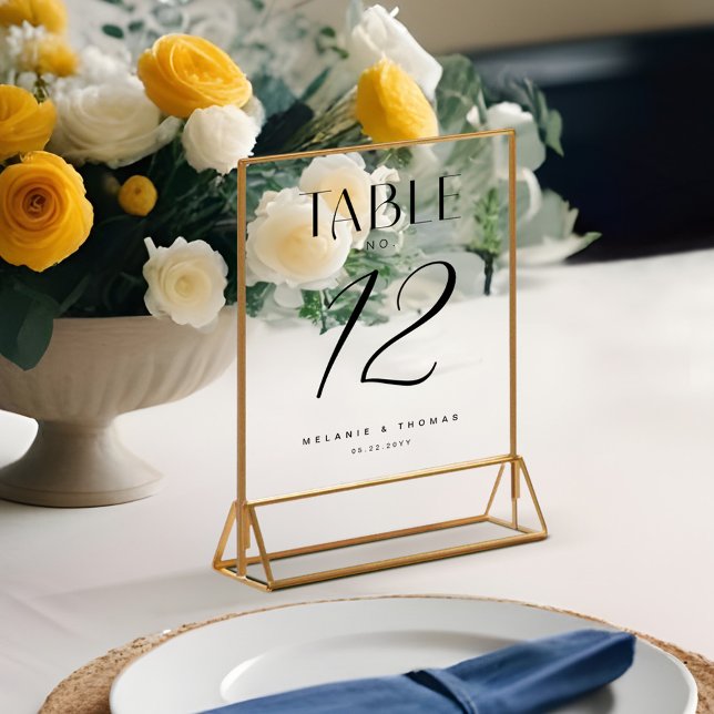 Numéro de table minimal Elegant Black Script Maria (Minimal Elegant Black Script Wedding Table Number Acrylic Sign)