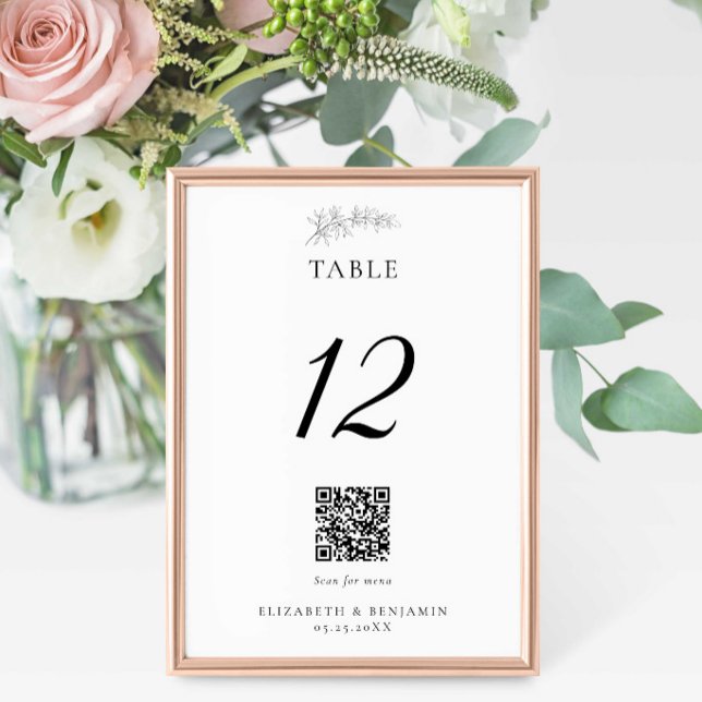 Numéro De Table Minimal Wedding QR Code Menu Elegant Black White (Créateur téléchargé)
