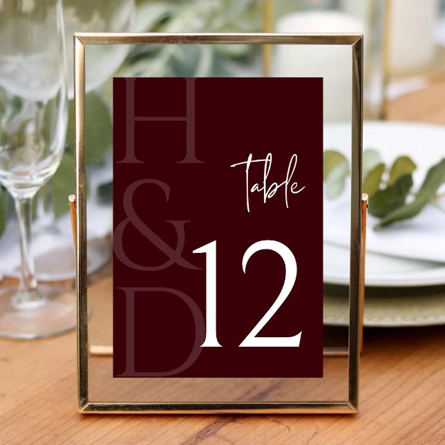 Numéro De Table Modern Burgundy Monogram Minimalist Wedding (Créateur téléchargé)