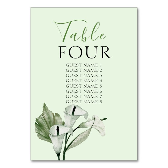 Numéro De Table Moderne Elégant blanc Calla Lilies Mariage (Dos)