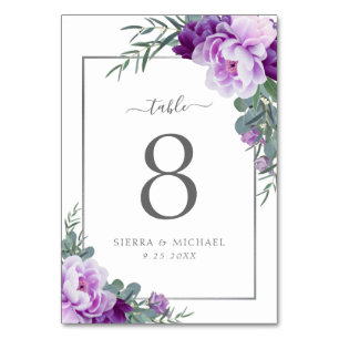 Numéro De Table Moderne Elégant Floral Purple & Mariage Argent