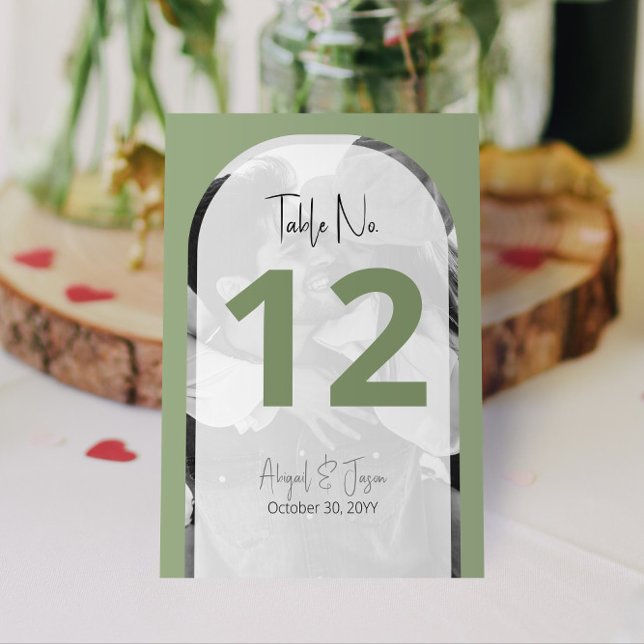 Numéro De Table 👰 🤵 moderne Mariage Arché Photo Sage Vert (Arched Photo Wedding Table Numbers in Sage Green | Personalize and Preview on Screen Now!)