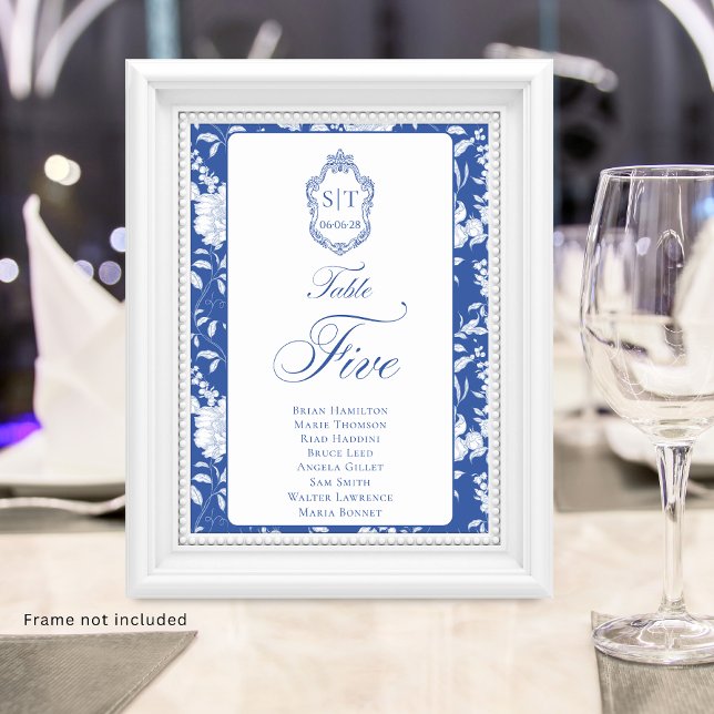 Numéro De Table Monogramme Bleu Floral Script Cinq 8 Noms (Créateur téléchargé)