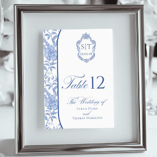 Numéro De Table Monogramme de blason Delft Bleu Floral Script