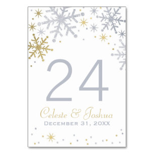 Numéro De Table Monogramme Mariage des flocons d'argent et d'or