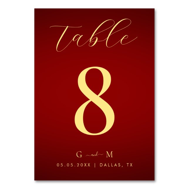 Numéro De Table Monogramme minimaliste rouge et or Mariage élégant (Par défaut)