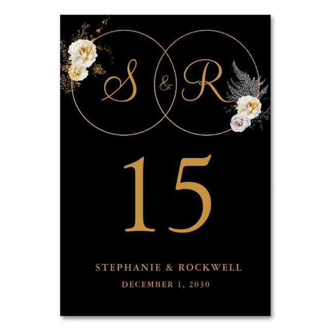 Numéro De Table Monogramme Or Sur Nom Noir Mariage Initial (Par défaut)