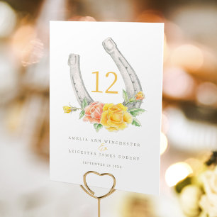 Numéro De Table monogramme rose de corail jaune et fer à cheval