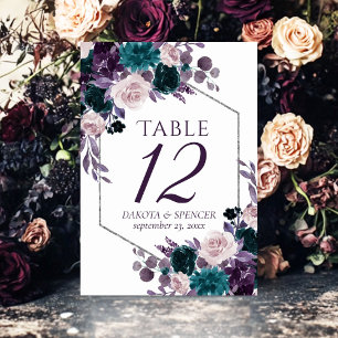 Numéro De Table Moody Boho   Eggplant Purple et Turquoise Rose Gar