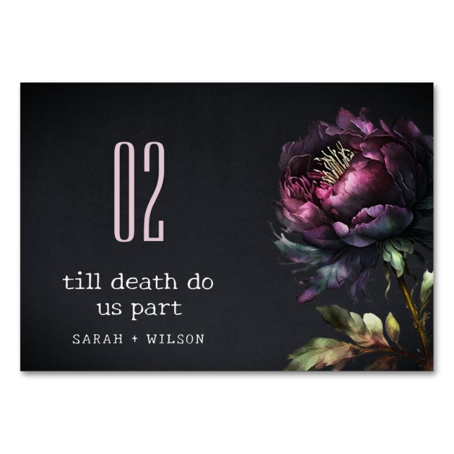 Numéro De Table Moody Gothic violet foncé Mariage de pivoine noire (Devant)