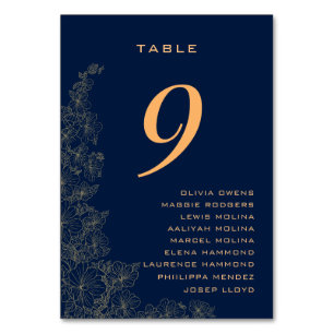 Numéro De Table Motif floral subtil Classy Noms Marine Bleu