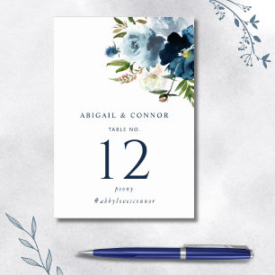 Numéro De Table Navy & Bleu Poussiéreux Élégant Floral Aquarelle