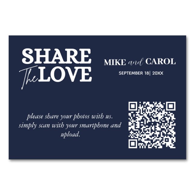 Numéro De Table Navy Blue Share The Love Photo Qr Code Mariage (Devant)