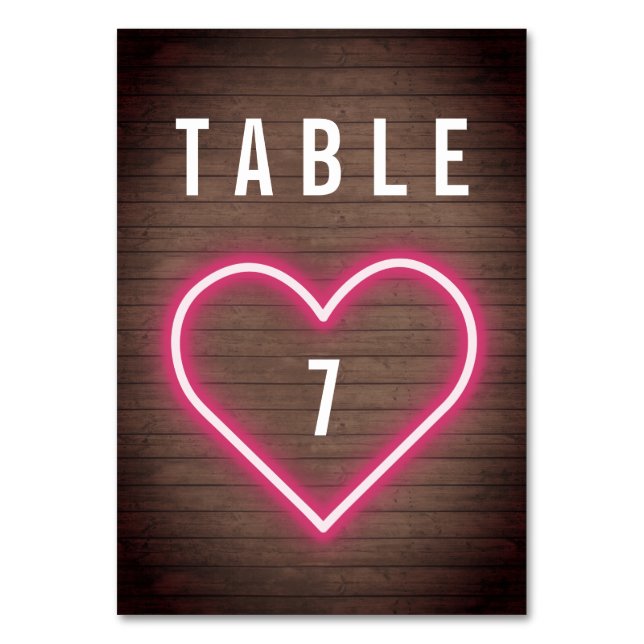 Numéro De Table Neon Heart Mariage en tôle bois (Par défaut)