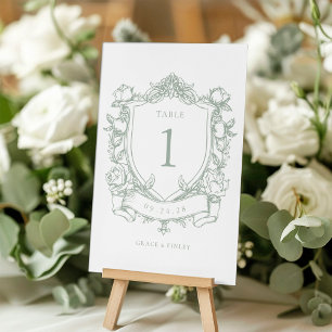Numéro De Table Noces de roses françaises vert sauge avec blason v