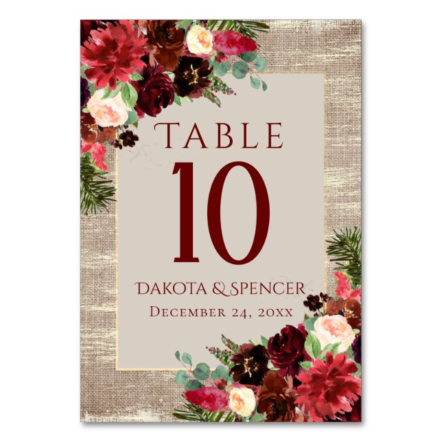 Numéro De Table Noël Russe Boho Floral Bourgogne or Burlap (Par défaut)