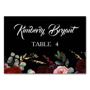 Numéro De Table Noir Bourgogne Rouge Floral Nom individuel Lieu