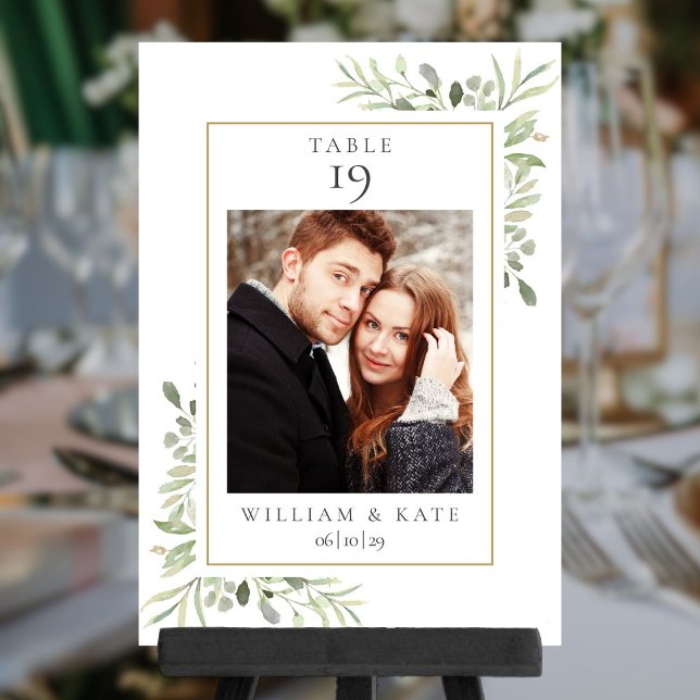 Numéro De Table Nom de mariage de verdure Photo Date (Greenery Photo Name Date Wedding Table Number)