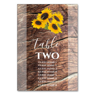 Numéro De Table Nom des invités Mariages de tournesol rustique