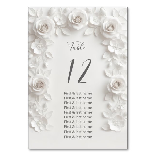Numéro De Table Noms des invités de mariage aux roses 3D blanches (Par défaut)