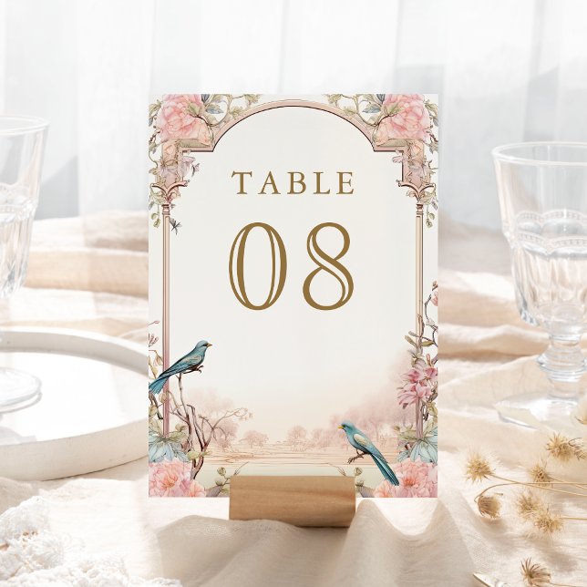 Numéro De Table Oiseaux romantiques Mariage floral rose (Créateur téléchargé)