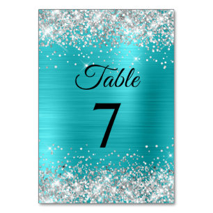 Numéro De Table Paillettes Argentées Turquoise Bleu Feuille Élégan