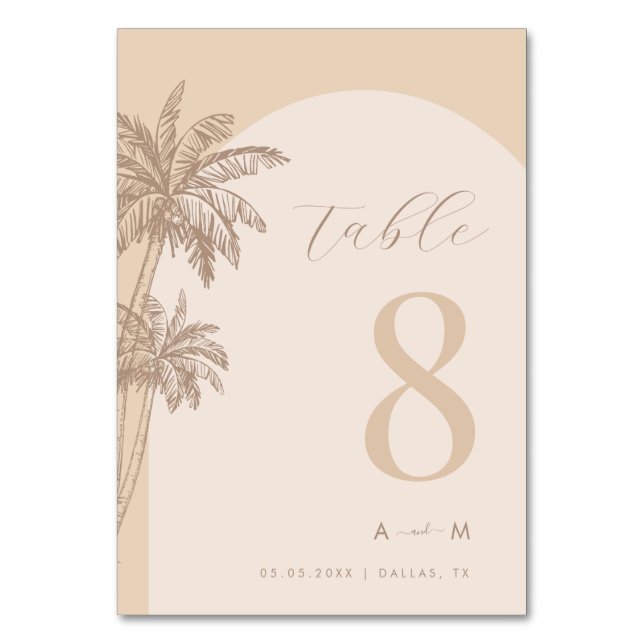 Numéro De Table Palm Tree Beige Script Monogram Beach Mariage (Dos)