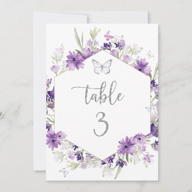 Numéro de table papillon argenté à fleurs violette (Devant)